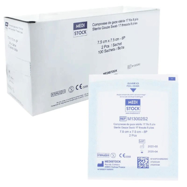 Compresse gaze 17 fils - 8 plis - 7,5 cm x 7,5 cm