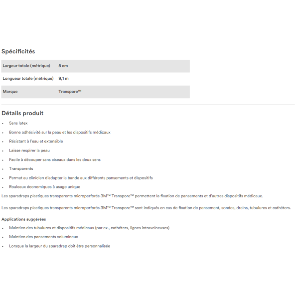 Sparadrap chirurgical 3M™ Transpore™ 5 cm x 9,14 m sans dévidoir