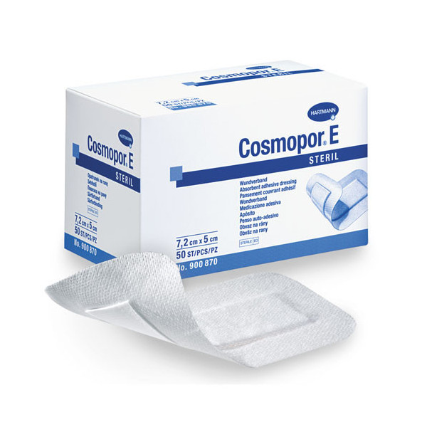 Pansement Cosmopor® E 7,2 x 5 cm. La boîte de 50.  Existe aussi en 15 x 6 cm,  10 x 8 cm, 15 x 8 cm,  et 20 x 10 cm, l