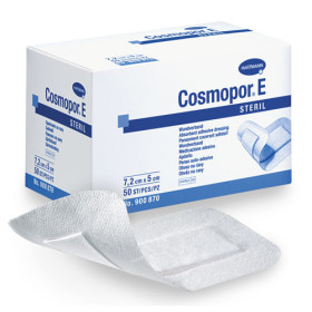 Pansement Cosmopor® E 7,2 x 5 cm. La boîte de 50.  Existe aussi en 15 x 6 cm,  10 x 8 cm, 15 x 8 cm,  et 20 x 10 cm, l