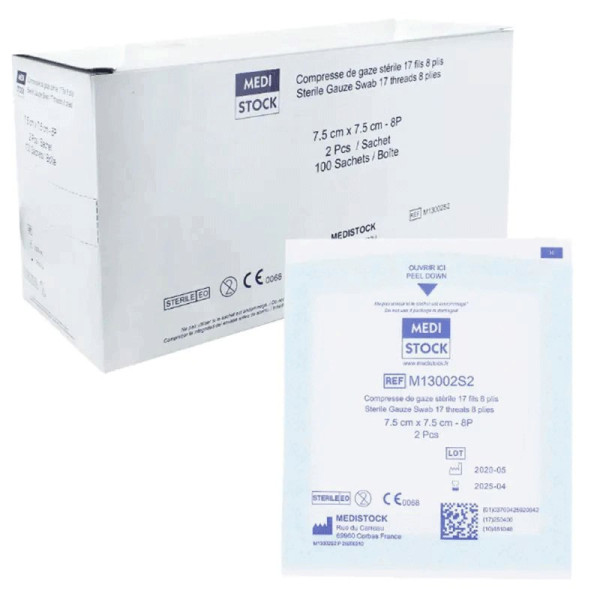 Compresse gaze stérile 17 fils - 8 plis - 7,5 cm x 7,5 cm
