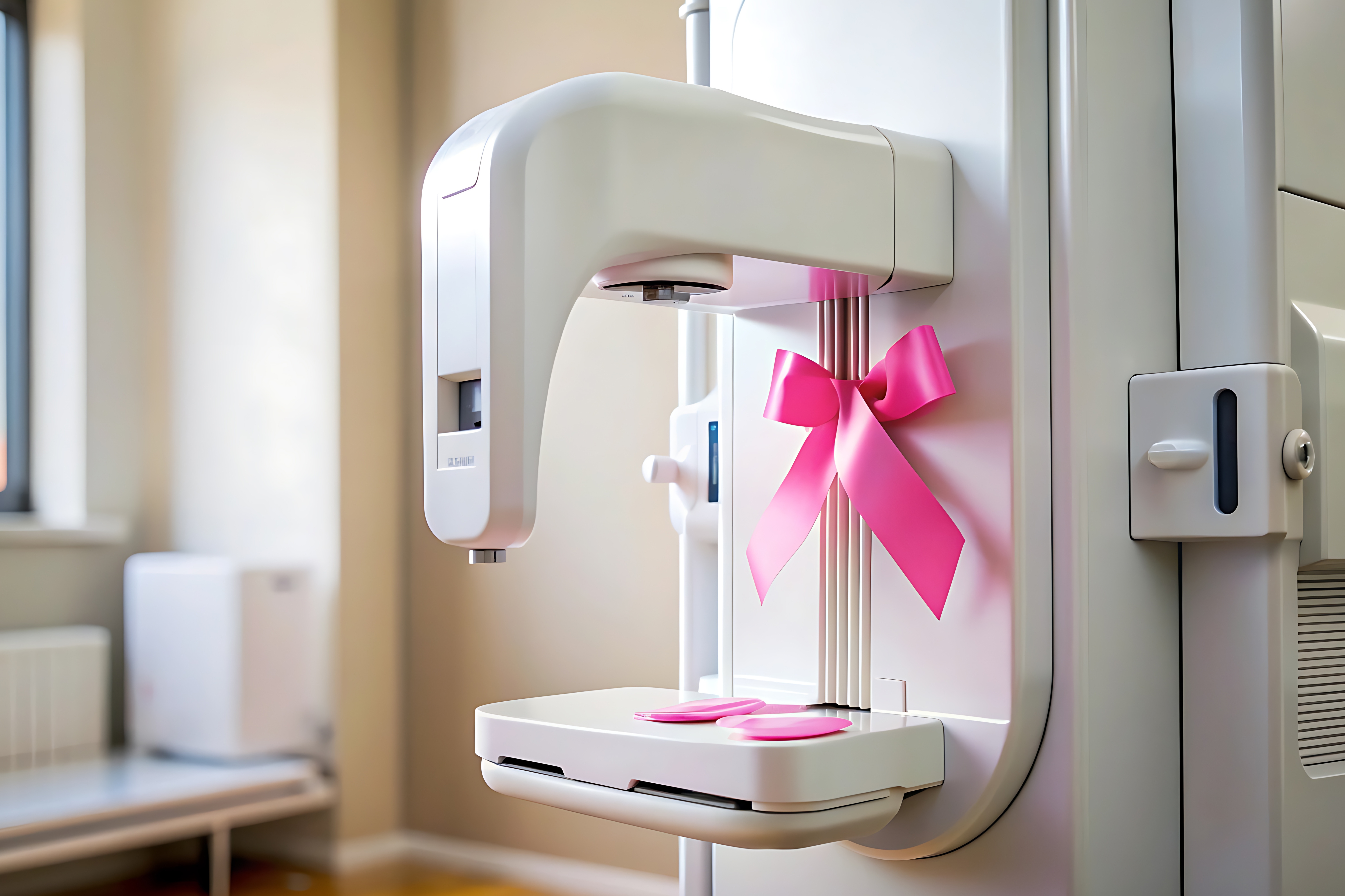 closeup-mammogram-machine-with-pink-ribbon-sticker-it Femme réalisant une mammographie dans le cadre du dépistage du cancer du sein